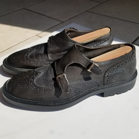 Women's double monk strap black leather oxfords - Picture 2 of 12